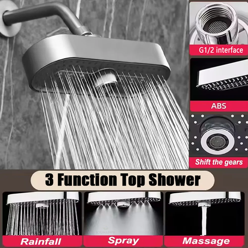 Home Bathroom Cleaning - オーバーヘッドシャワーヘッド。3つの機能を持つレインシャワーとマッサージモードを搭載。大型パネルで、お手入れが簡単なノズル。家庭用、ホテル用バスルームアクセサリーとして最適。