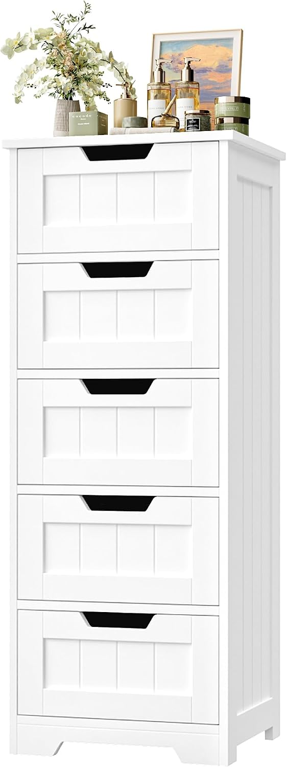 Home Bathroom Organizer - 自立型バスルーム収納キャビネット、5つの引き出し付き木製フロアオーガナイザーユニット、リビングルーム廊下用の狭いスペースを節約する家具、モダンな白いホームオーガナイザー