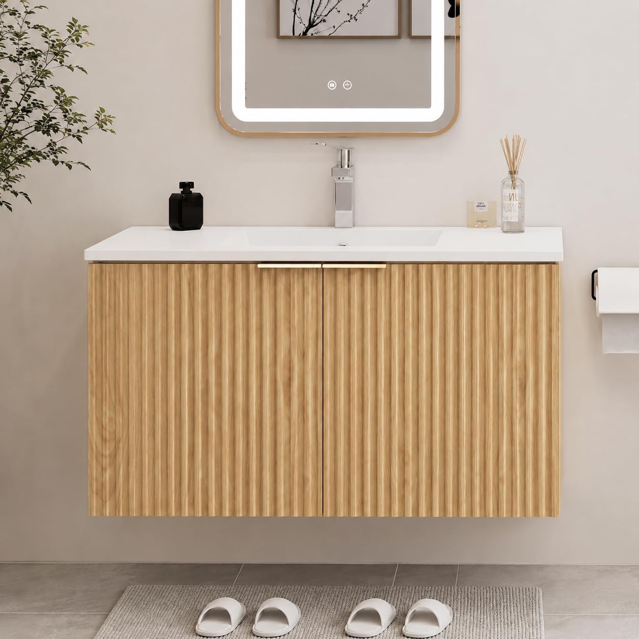 Home Bathroom Organizer - モダンなフローティング式洗面化粧台、波状テクスチャの扉付き壁掛け収納キャビネット、ソフトクローズヒンジ、セラミック製洗面ボウル、家庭用トイレオーガナイザー