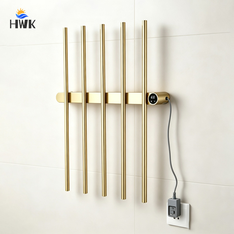 Towel Warmer Electric - ブラッシュドゴールド縦型電気タオルラック 温度・時間制御機能付き 加熱タオルレール 隠線・露出線対応 バスローブ・タオルウォーマー