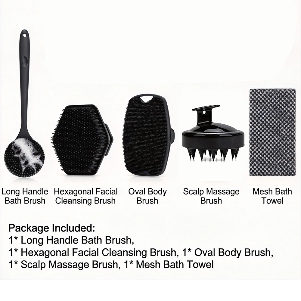 Home Bathroom Cleaning Machine - 5/4/3/2/1個入りボディバスブラシセット、ロングハンドル背中シャワーブラシ、シリコン製角質除去スクラバー、シャンプー頭皮マッサージ器、バスルーム用
