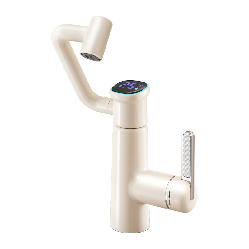 Home Bathroom Sink - # デジタル表示機能付き水栓、クリーム色のミニオン風デザインの白いセラミック製洗面台、浴室用洗面ボウル、家庭用洗面台、温度調節機能付き水栓
