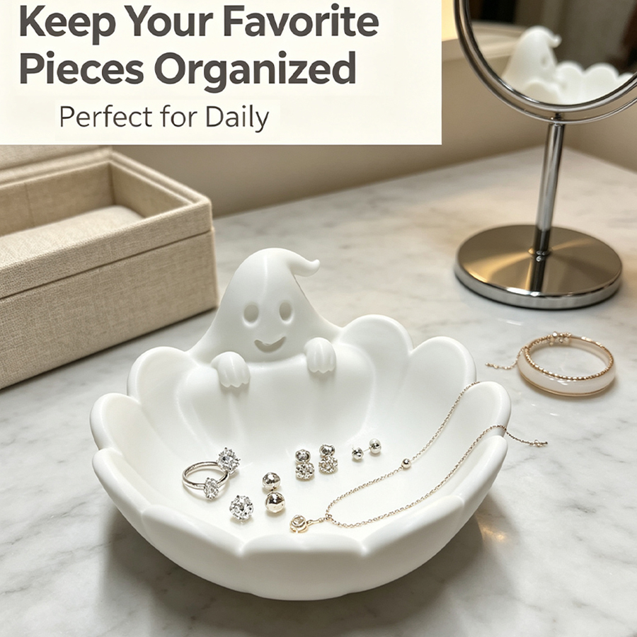 Home Essentials Bathroom Storage - マットホワイトの3Dキュートなゴースト型ジュエリートレイ、ゴーストフェイスのディテール、スカラップ型のエッジ、滑り止めデザイン、ジュエリーディッシュ、リング、イヤリング、ネックレス用の多機能オーガナイザー、小さなジュエリーのディスプレイと収納トレイ、ドレッシングテーブル、ベッドサイドテーブル、玄関、バスルーム、デスクトップの雑貨収納に最適な万能トレイ、北欧ミニマリストスタイル、ソフトマット仕上げ、滑らかでエレガントな質感、毎日のジュエリー収納と朝の必需品トレイ、自宅寝室のドレッシングテーブルデコレーション。