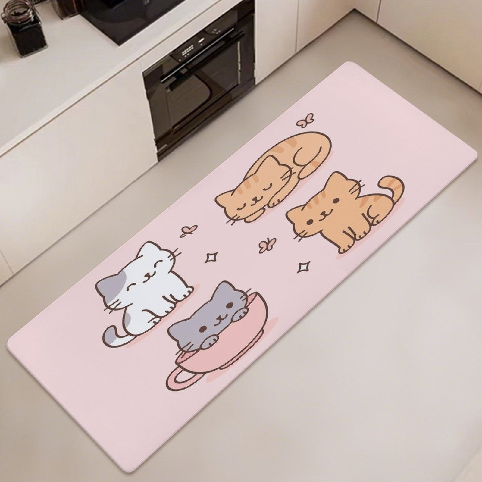 Home Kitchen Bathroom Cleaning - かわいいカワイイ漫画の子猫ティーカップバタフライランナーラグ、滑り止め加工の簡単お手入れカーペット、キッチン、玄関、通路、床用