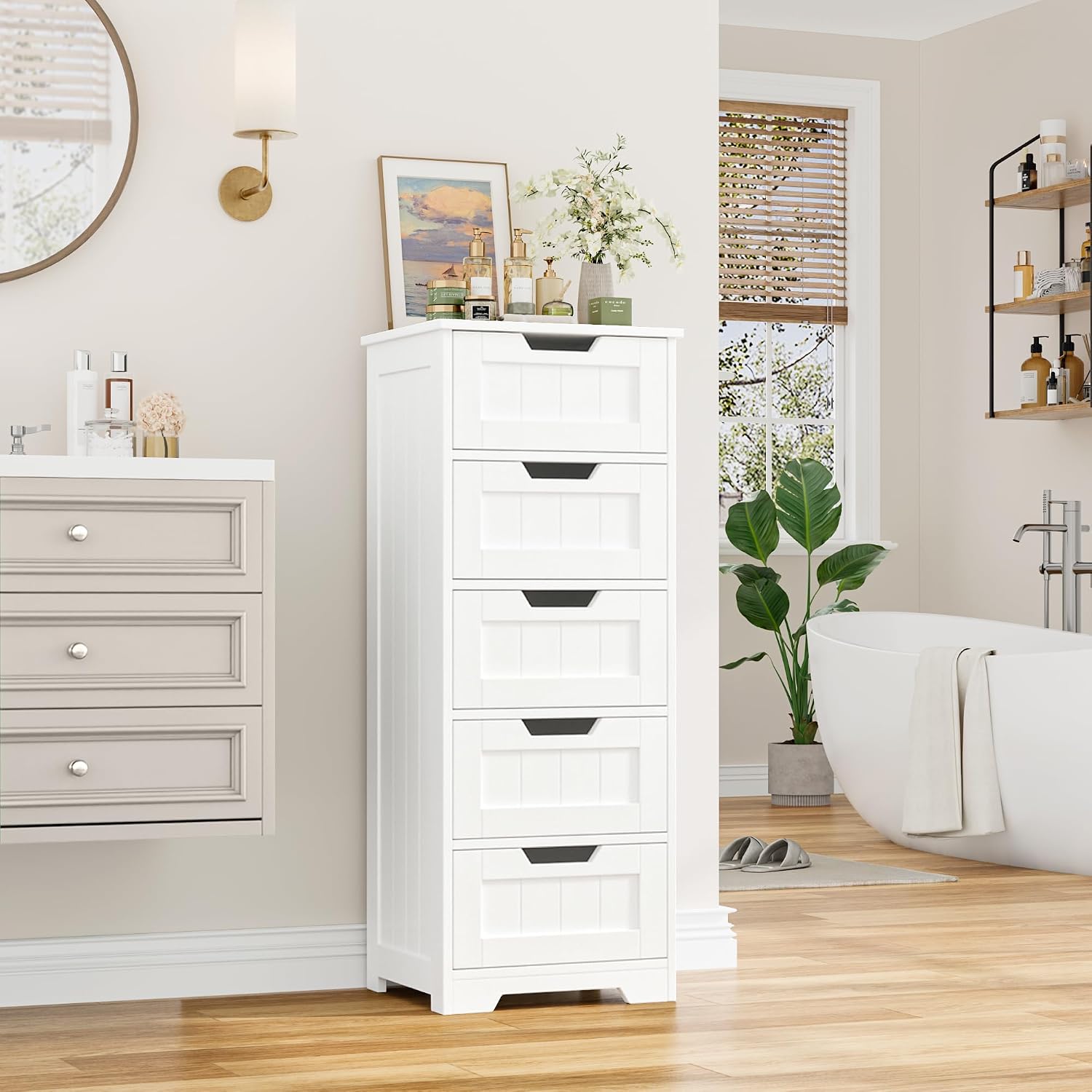 自立型バスルーム収納キャビネット、5つの引き出し付き木製フロ - Home Bathroom Organizer のレビューと価格