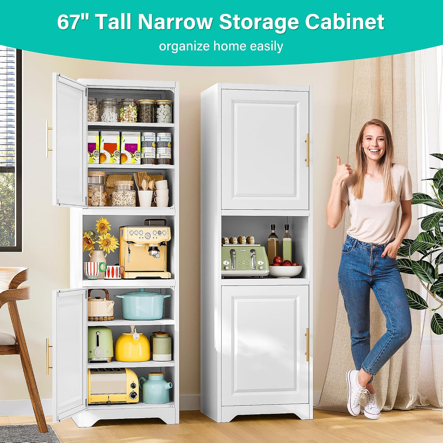 高さ67インチのスリムな収納キャビネット、2つの扉と7つの棚 - Home Bathroom Organizer のレビューと価格