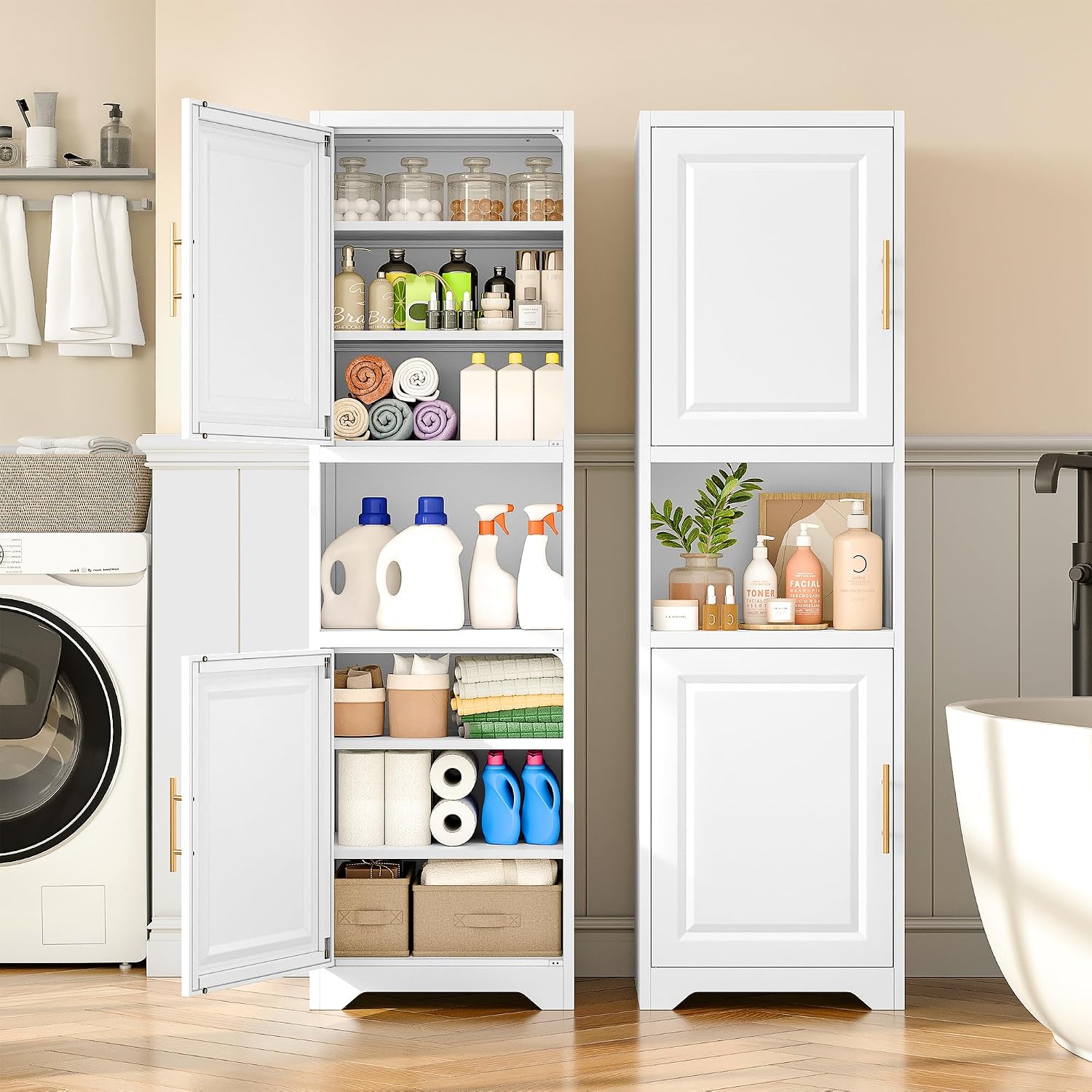 高さ67インチのスリムな収納キャビネット、2つの扉と7つの棚 - Home Bathroom Organizer のレビューと価格