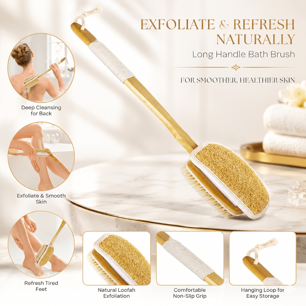 木製ロングハンドルバスブラシ 天然ヘチマ猪毛 両面背中スクラ - Home Bathroom Cleaning Machine のレビューと価格