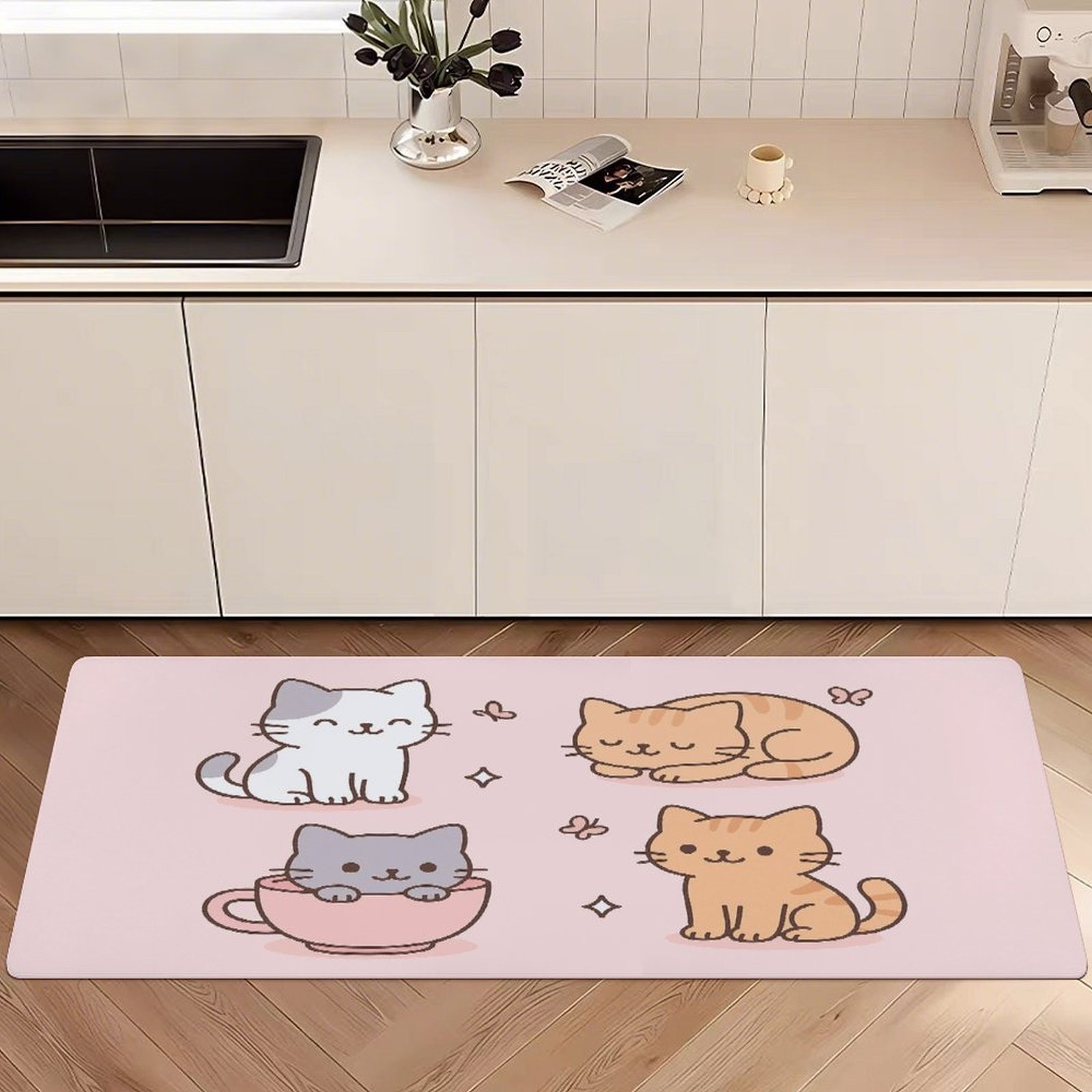 かわいいカワイイ漫画の子猫ティーカップバタフライランナーラグ - Home Kitchen Bathroom Cleaning のレビューと価格